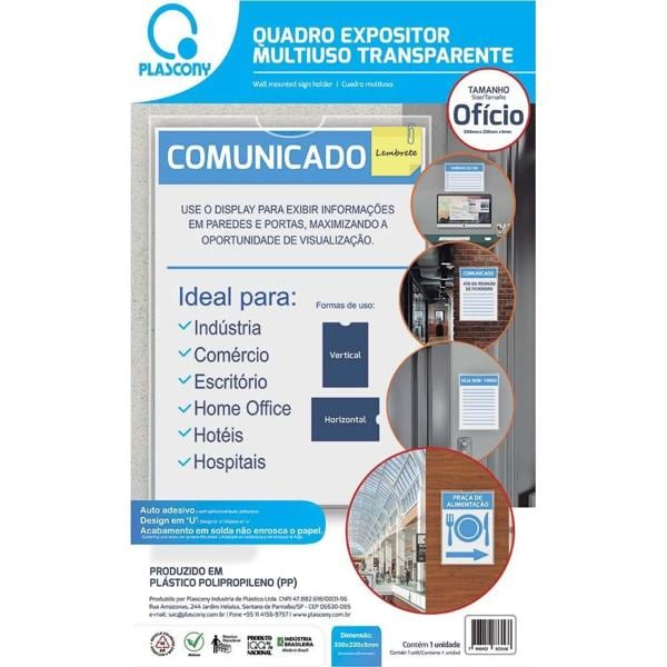 Quadro Expositor Multiuso, Ofício, Plástico, QMOF, Premium, Transparente, Plascony - PT 1 UN