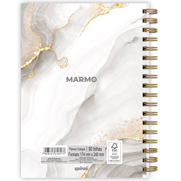 Planner Colegial 2025, Marmo, 80 folhas, com espiral, 2518177, Spiral Mrm - PT 1 UN