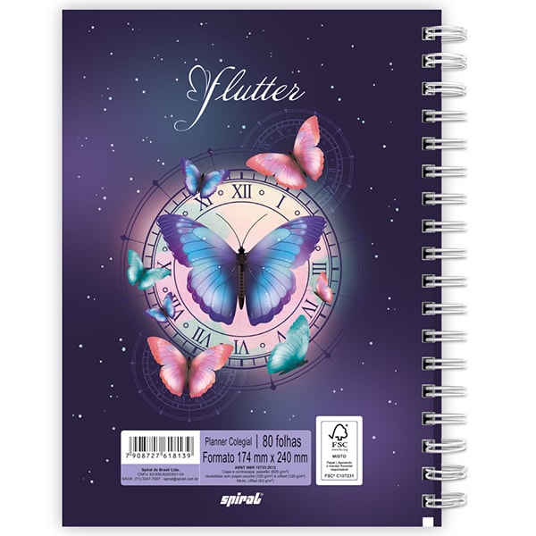 Planner Colegial 2025, Flutter, 80 folhas, com espiral, 2518139, Spiral Flu - PT 1 UN