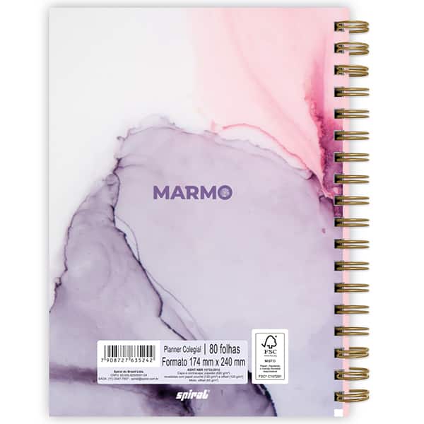 Planner Colegial 2026, Marmo, 80 Folhas com espiral, 2635242, Spiral Mrm - PT 1 UN
