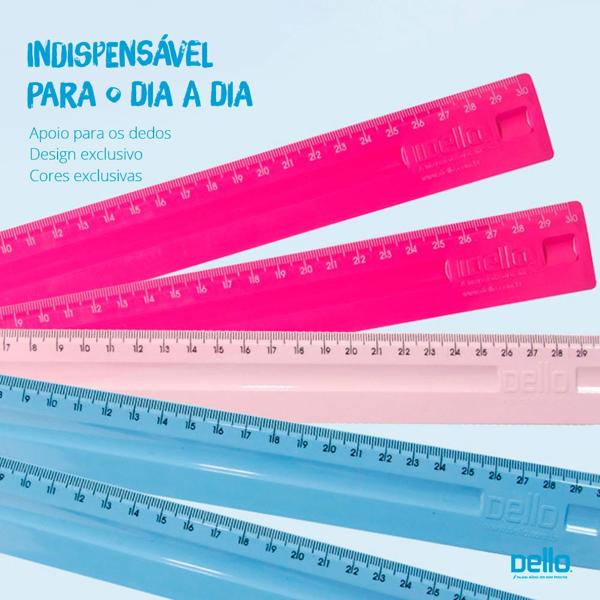 Régua de 30 cm com Apoio Para Os Dedos Escolar e Home Office, Azul Claro, Dello - PT 1 UN