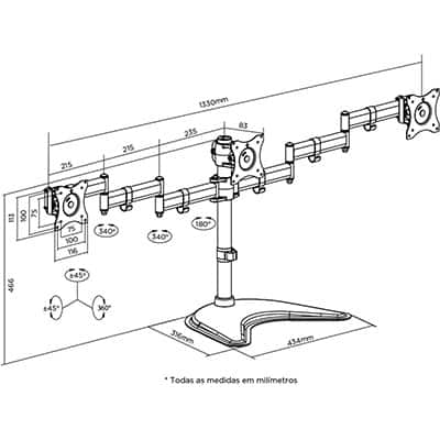 Suporte articulado de mesa para 3 monitores de 13" a 27", T1236N, ELG - CX 1 UN