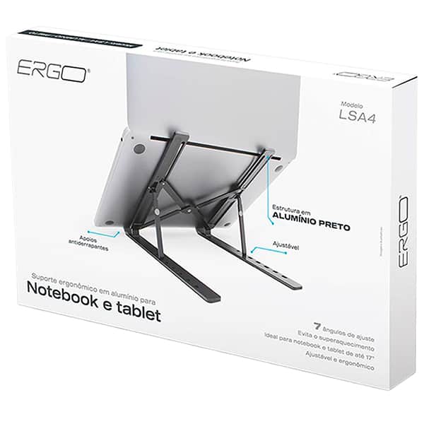 Suporte para notebook em alumínio, Preto, LSA4, Ergo - CX 1 UN