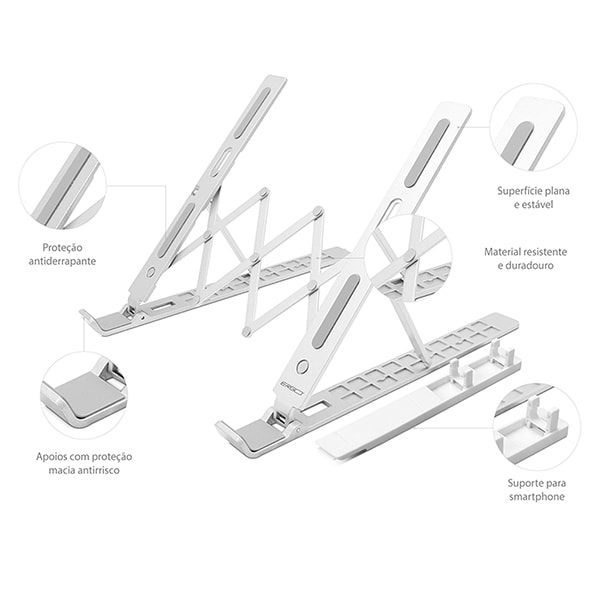 Suporte para notebook em alumínio com apoio para celular, Branco, LSA6, Ergo - CX 1 UN