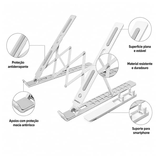 Suporte para notebook em alumínio com apoio para celular, Branco, LSA6, Ergo - CX 1 UN