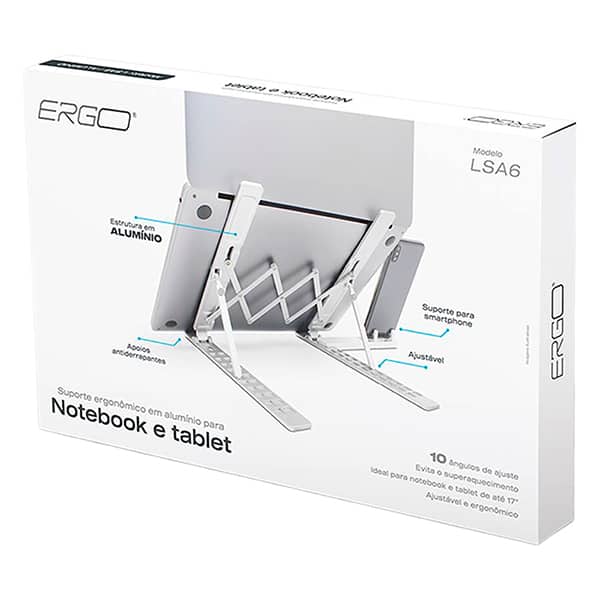 Suporte para notebook em alumínio com apoio para celular, Branco, LSA6, Ergo - CX 1 UN