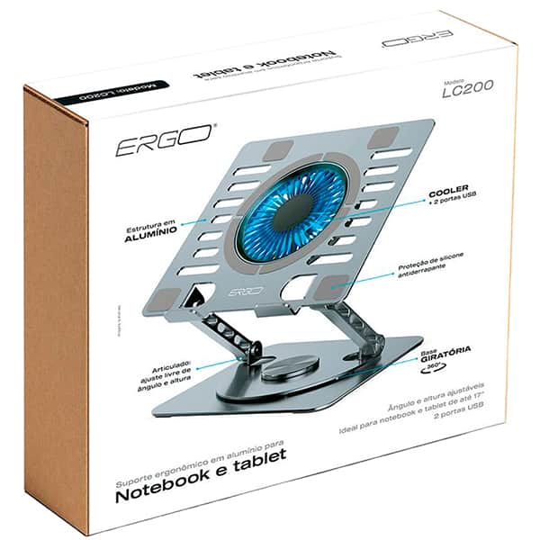 Suporte Ergonômico para Notebook em Alumínio LC200 com 1 Cooler, Ergo - CX 1 UN Suporte Ergonômico para Notebook em Alumínio LC200 com 1 Cooler, Ergo - CX 1 UN