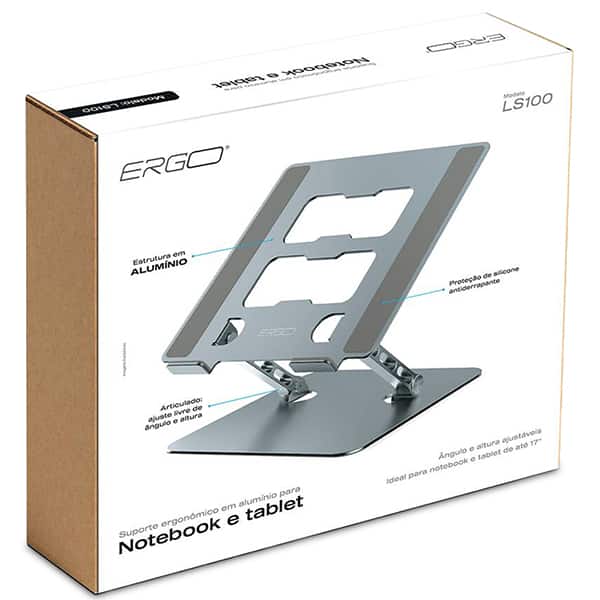 Suporte Ergonômico para Notebook em Alumínio LS100 com Ajuste de altura, Ergo - CX 1 UN Suporte Ergonômico para Notebook em Alumínio LS100 com Ajuste de altura, Ergo - CX 1 UN