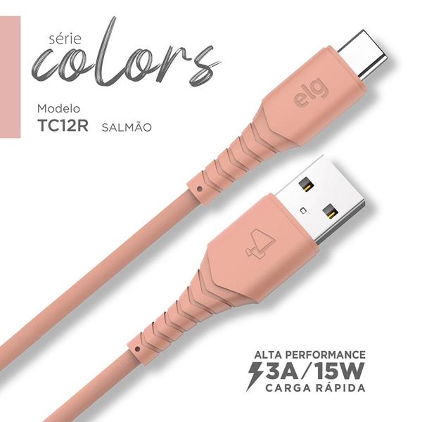 Cabo USB para Tipo-C, emborrachado, 1,2m, Salmão, TC12R, Elg - 1 UN