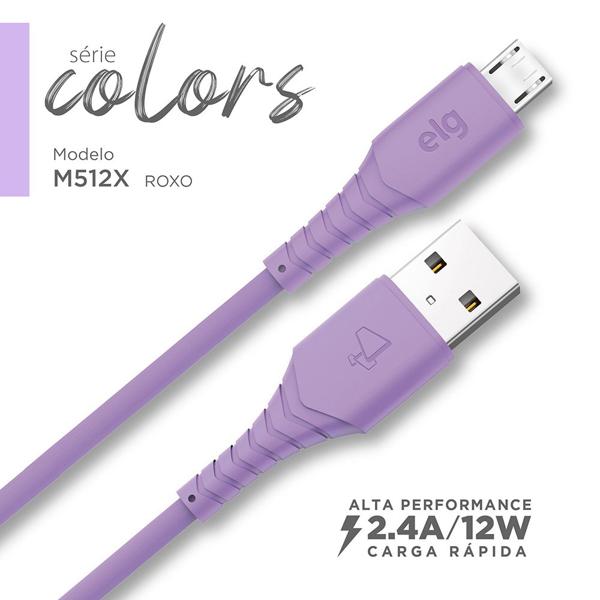 Cabo USB para micro USB, emborrachado, 1,2M, Roxo, M512X, Elg - 1 UN