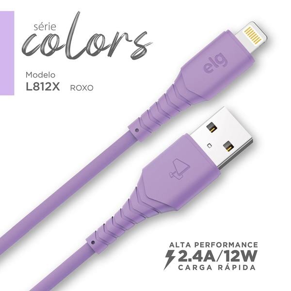 Cabo USB para lightning, emborrachado, 1,2M, Roxo, L812X, Elg - 1 UN