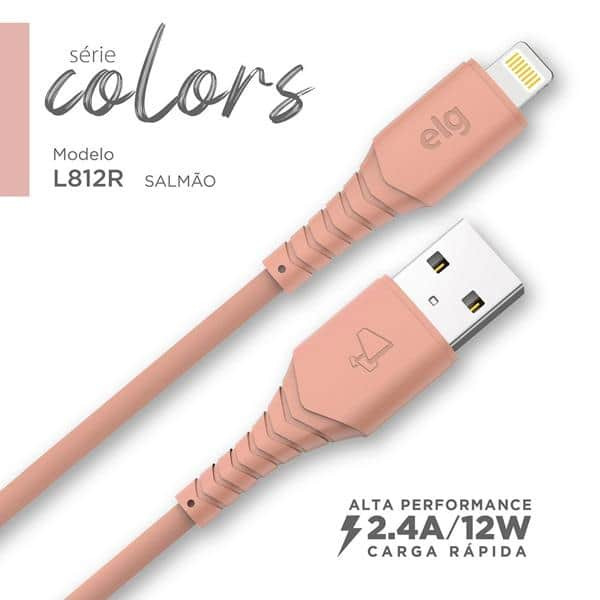 Cabo USB para lightning, emborrachado, 1,2M, Salmão, L812R, Elg - 1 UN