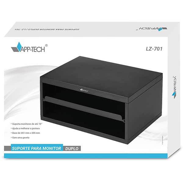 Suporte para monitor duplo com gaveta, Preto, LZ-701, App-tech - CX 1 UN
