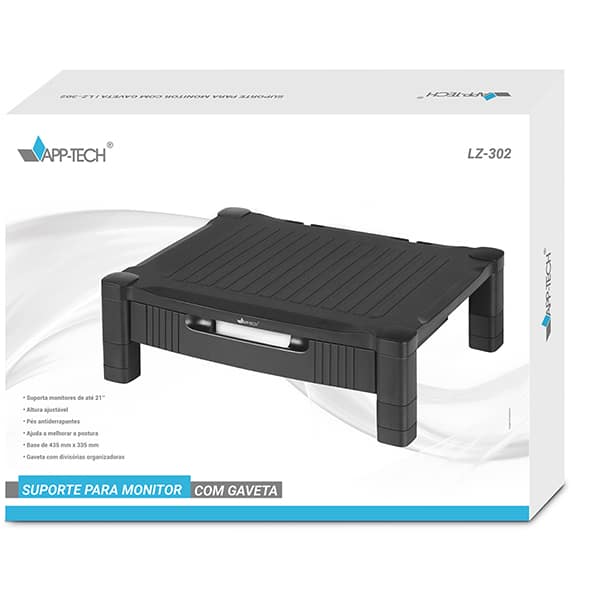 Suporte para monitor com gaveta, Preto, LZ-302, App-Tech - CX 1 UN