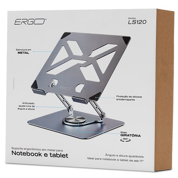 Suporte Ergonômico para Notebook e Tablet em Metal, de 10 a 17", Base Giratória 360º, LS120, Ergo - CX 1 UN