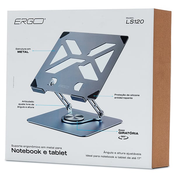 Suporte Ergonômico para Notebook e Tablet em Metal, de 10 a 17", Base Giratória 360º, LS120, Ergo - CX 1 UN Suporte Ergonômico para Notebook e Tablet em Metal, de 10 a 17", Base Giratória 360º, LS120, Ergo - CX 1 UN