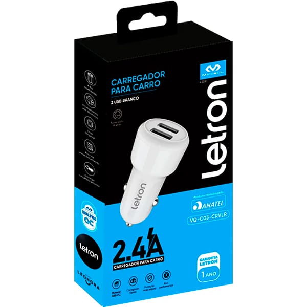 Carregador veicular com 2 portas USB, Branco, VQ-C03 74675, Letron - CX 1 UN Carregador veicular com 2 portas USB, Branco, VQ-C03 74675, Letron - CX 1 UN