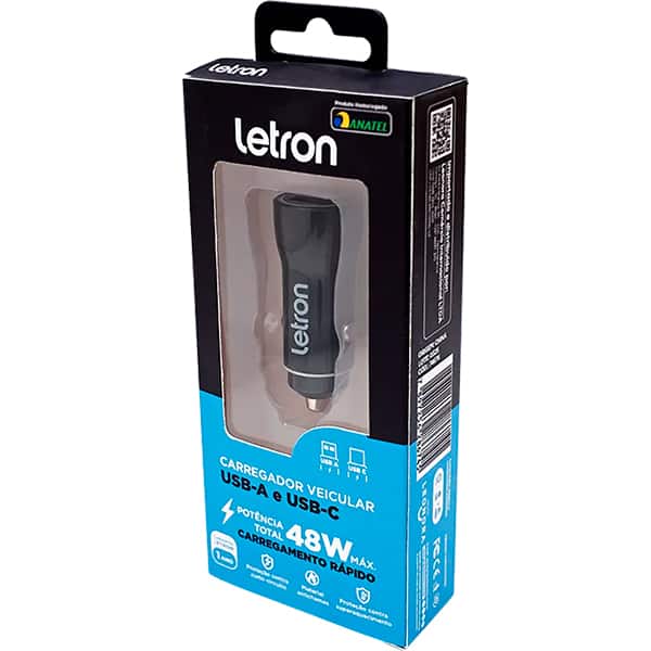 Carregador veicular com 2 portas, USB-A / USB-C, Preto, 74674, Letron - CX 1 UN