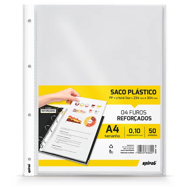 Saco plástico PP A4 4 furos reforçados 0,10mm Spiral PT 50 UN