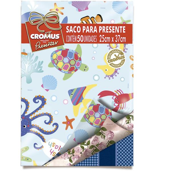 Saco presente metalizado 25x37cm sortidos decorados bopp 99003149 Cromus PT 50 UN