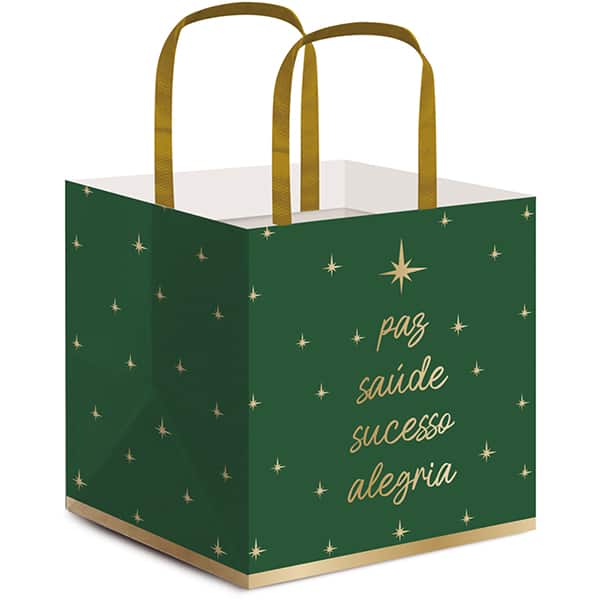 Sacola para presente / Panettone, 33cm x 28cm x 17cm, Verde e Dourado, Cromus - PT 1 UN Sacola para presente / Panettone, 33cm x 28cm x 17cm, Verde e Dourado, Cromus - PT 1 UN