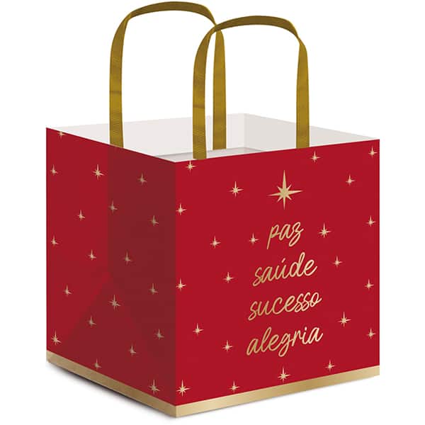 Sacola para presente / Panettone, 33cm x 28cm x 17cm, Vermelho e Dourado, Cromus - PT 1 UN