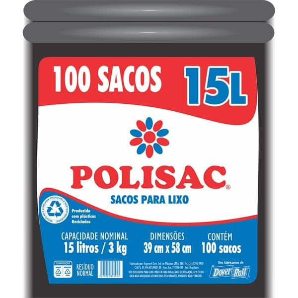 Saco para lixo 15lt preto reciclado Polisac 140020925 Dover PT 100 UN