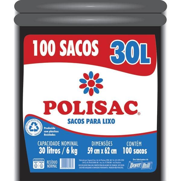 Saco para lixo 30lt preto reciclado Polisac 140020932 Dover PT 100 UN