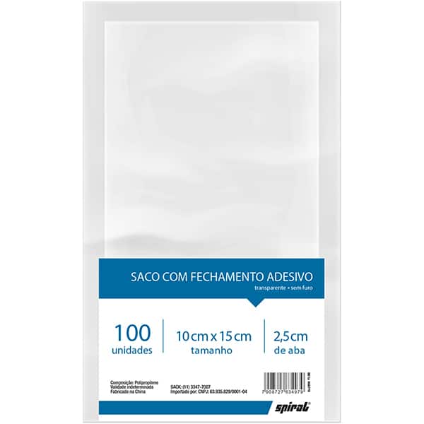 Saco com aba adesivada transparente, 10 x 15cm, Spiral - PT 100 UN