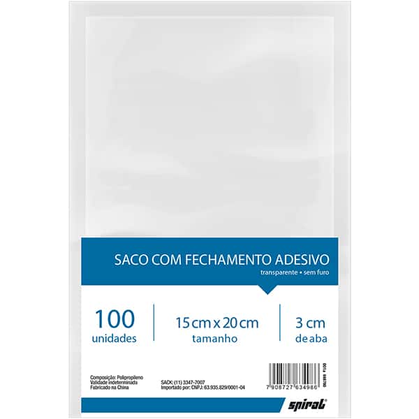 Saco com aba adesivada transparente, 15 x 20cm, Spiral - PT 100 UN