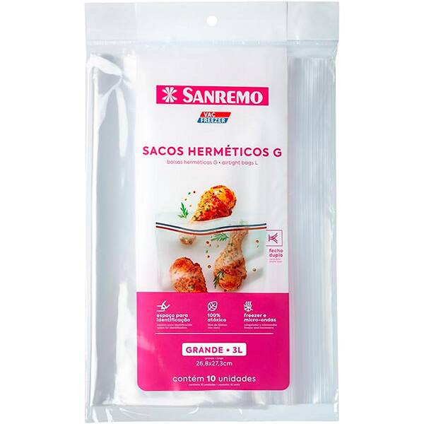 Saco Plástico c/fecho hermético duplo 3L SR374 Sanremo PT 10 UN Saco Plástico c/fecho hermético duplo 3L SR374 Sanremo PT 10 UN