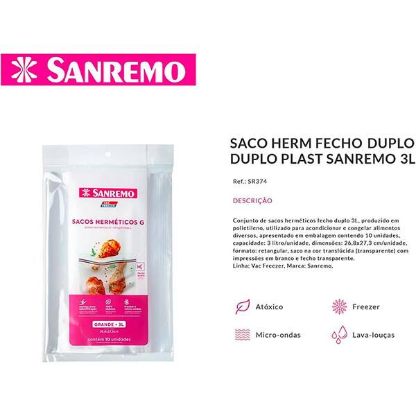 Saco Plástico c/fecho hermético duplo 3L SR374 Sanremo PT 10 UN Saco Plástico c/fecho hermético duplo 3L SR374 Sanremo PT 10 UN