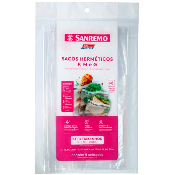 Kit de sacos plásticos com fecho hermético duplo, 260 ml / 1 L / 3 L, SR379, Sanremo - PT 9 UN
