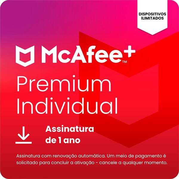 McAfee+ Premium Plano Individual, Dispositivos ilimitados, Software de segurança que inclui Antivírus, VPN segura, monitoramento de identidade, redes sociais e gerenciador de senhas, Mcafee - 1 UN