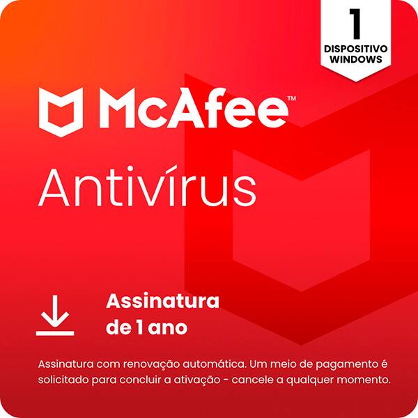 McAfee Antivírus, 1 PC (Windows), Proteção antivírus em tempo real para ameaças digitais novas e em evolução, Assinatura de 1 ano, Mcafee - 1 UN