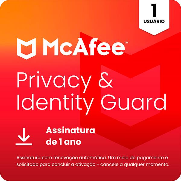 McAfee Privacy & Identity Guard, 1 Dispositivo, Monitoramento de identidade com Antivírus e proteção de dados pessoais, Privacidade em redes sociais, Mcafee - 1 UN