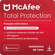 McAfee Total Protection, 5 dispositivos, Software de segurança que inclui Antivírus, VPN Segura, gerenciador de senhas, monitoramento de identidade, Mcafee - UN 1 UN McAfee Total Protection, 5 dispositivos, Software de segurança que inclui Antivírus, VPN Segura, gerenciador de senhas, monitoramento de identidade, Mcafee - UN 1 UN