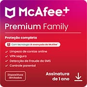 McAfee+ Premium Plano Família, Dispositivos ilimitados, Software de segurança que inclui Antivírus, VPN segura, monitoramento de identidade, redes sociais, gerenciador de senhas e Controle Parental, Mcafee - 1 UN