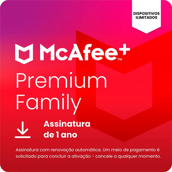McAfee+ Premium Plano Família, Dispositivos ilimitados, Software de segurança que inclui Antivírus, VPN segura, monitoramento de identidade, redes sociais, gerenciador de senhas e Controle Parental, Mcafee - 1 UN