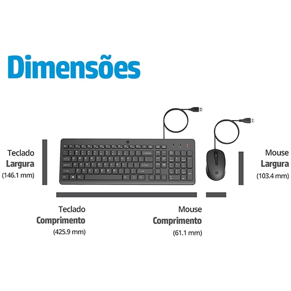 Teclado e Mouse com fio USB HP 150, Design Ergonômico, Tecla Silenciosa, Layout ABNT - CX 1 UN