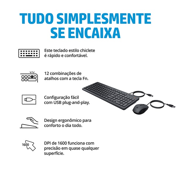 Teclado e Mouse com fio USB HP 150, Design Ergonômico, Tecla Silenciosa, Layout ABNT - CX 1 UN