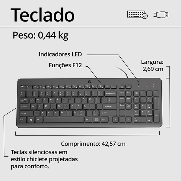 Teclado e Mouse com fio USB HP 150, Design Ergonômico, Tecla Silenciosa, Layout ABNT - CX 1 UN