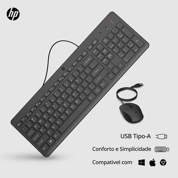 Teclado e Mouse com fio USB HP 150, Design Ergonômico, Tecla Silenciosa, Layout ABNT - CX 1 UN