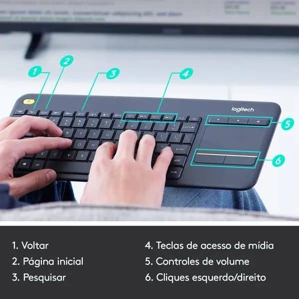 Teclado sem fio Logitech K400 Plus TV com Controle Easy Media e Touchpad Integrado, Conexão USB Unifying e Layout ABNT2 CX 1 UN