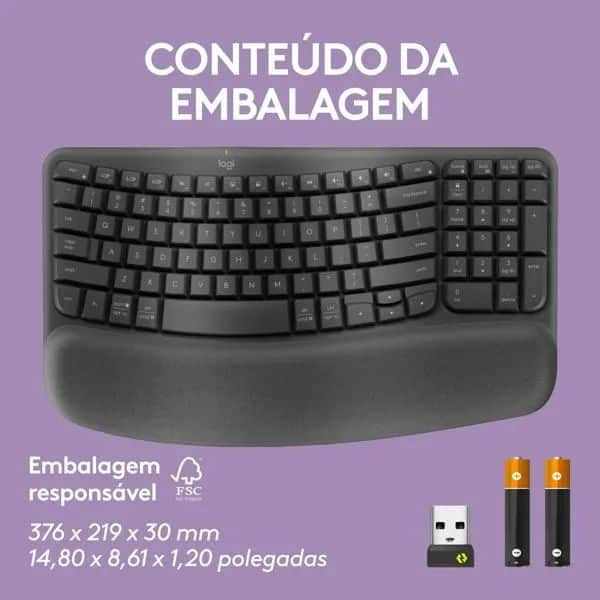 Teclado Ergonômico sem fio Logitech Wave Keys com Design Ondulado, Conexão Bluetooth, Compatível com Windows/Mac, Layout US - Grafite CX 1 UN