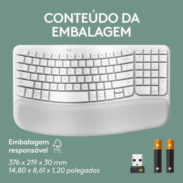 Teclado Ergonômico sem fio Logitech Wave Keys com Design Ondulado, Conexão Bluetooth, Compatível com Windows/Mac, Layout US - Branco CX 1 UN