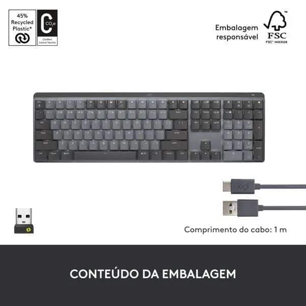 Teclado Mecânico sem fio Logitech MX Mechanical com Teclas Retroiluminadas Tactile Quiet, USB ou Bluetooth, Bateria Recarregável CX 1 UN