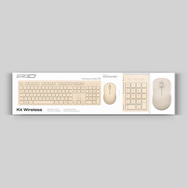 Kit Teclado e Mouse sem Fio, Wireless, Padrão ABNT2, Bege, KMW231BG, Ergo - CX 1 UN