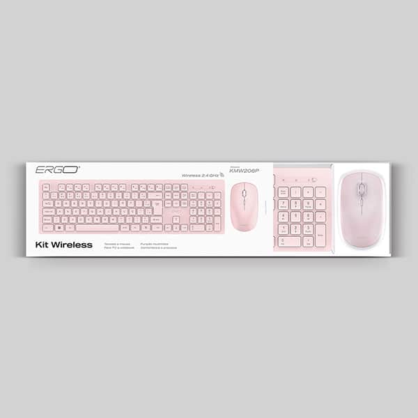 Kit Teclado e Mouse sem Fio, Wireless, Padrão ABNT2, Rosa, KMW206P, Ergo - CX 1 UN