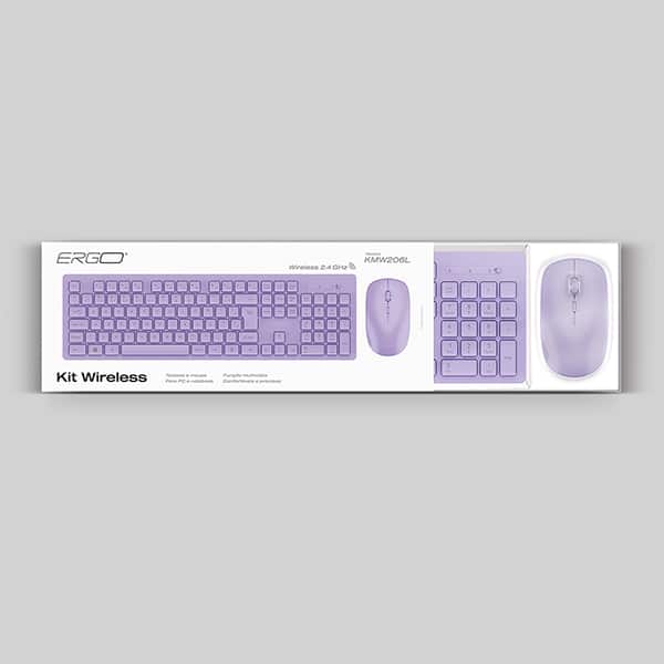 Kit Teclado e Mouse sem Fio, Wireless, Padrão ABNT2, Lilás, KMW206L, Ergo - CX 1 UN